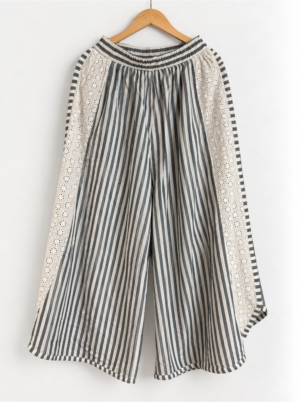 Striped A-Line Midi Skirt with Cream Eyelet Panels